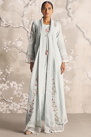 Ice Linen Blend & Silk Organza Hand Embroidered Abaya Jacket With Dress by Kaveri