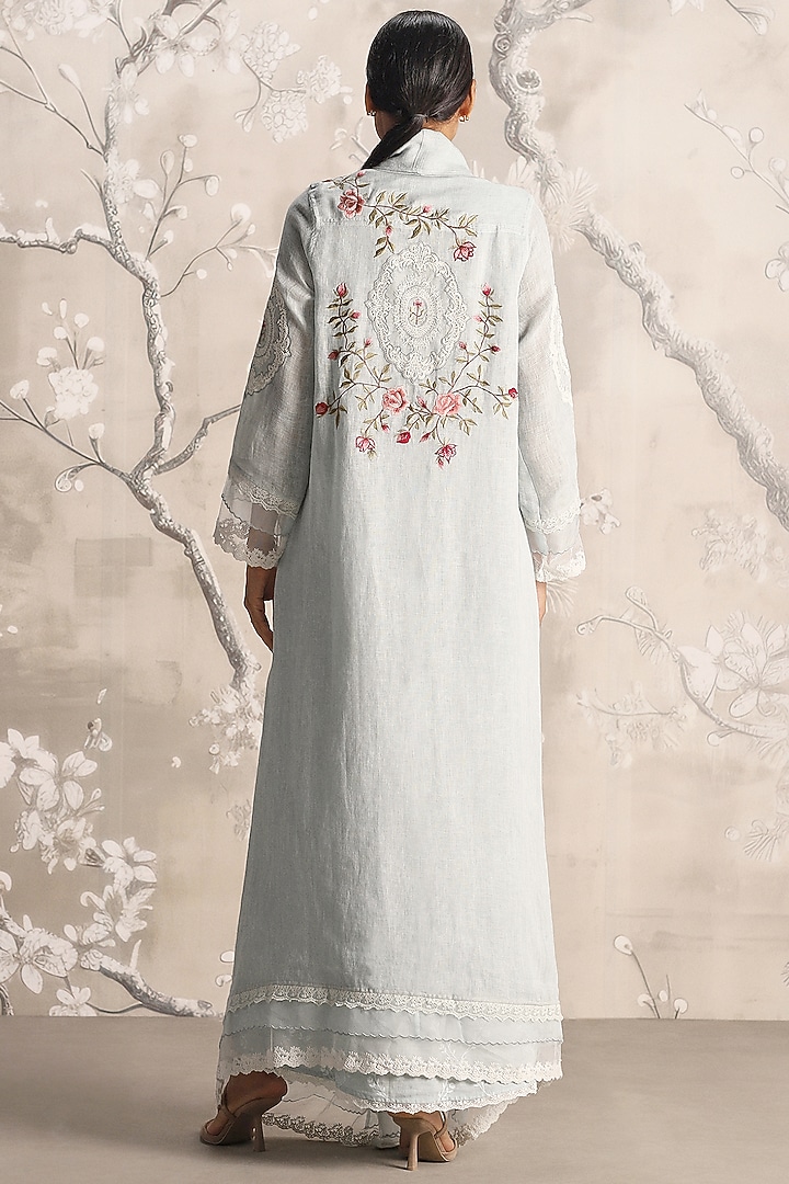Ice Linen Blend & Silk Organza Hand Embroidered Abaya Jacket With Cocktail Dress by Kaveri at Pernia's Pop Up Shop
