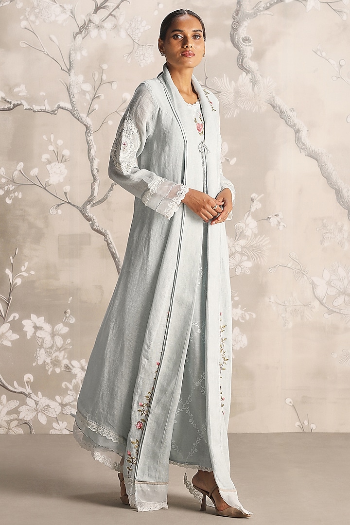 Ice Linen Blend & Silk Organza Hand Embroidered Abaya Jacket With Cocktail Dress by Kaveri at Pernia's Pop Up Shop