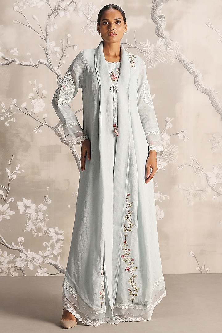 Ice Linen Blend & Silk Organza Hand Embroidered Abaya Jacket With Cocktail Dress by Kaveri at Pernia's Pop Up Shop