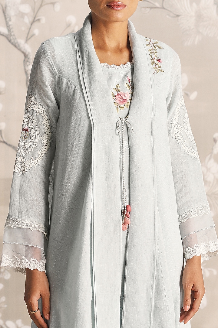 Ice Linen Blend & Silk Organza Hand Embroidered Abaya Jacket With Cocktail Dress by Kaveri at Pernia's Pop Up Shop