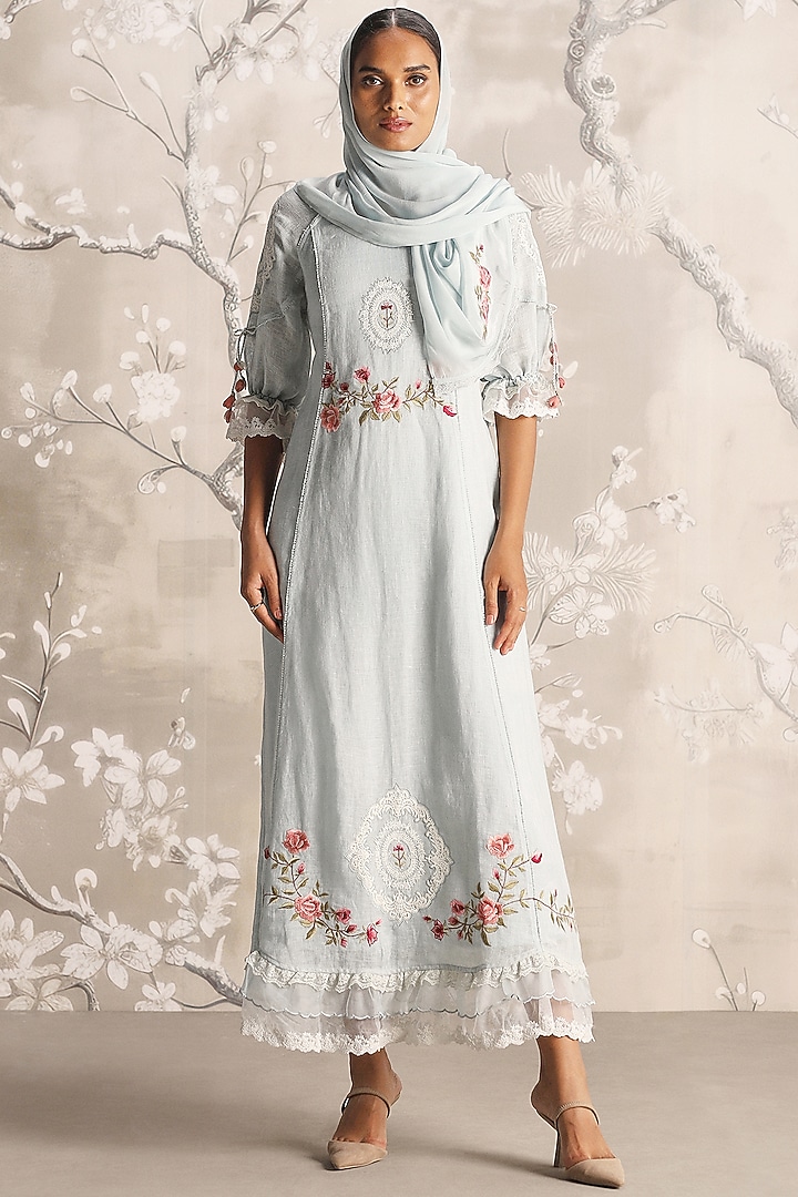 Ice Linen Blend & Silk Organza Hand Embroidered Cocktail Dress by Kaveri at Pernia's Pop Up Shop