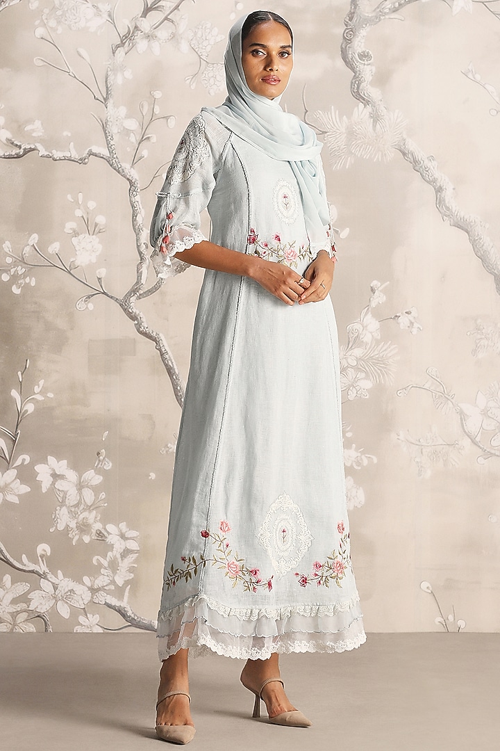Ice Linen Blend & Silk Organza Hand Embroidered Cocktail Dress by Kaveri at Pernia's Pop Up Shop
