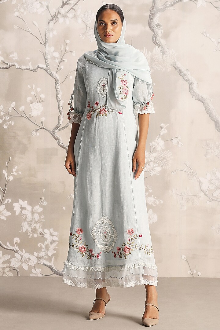 Ice Linen Blend & Silk Organza Hand Embroidered Cocktail Dress by Kaveri at Pernia's Pop Up Shop