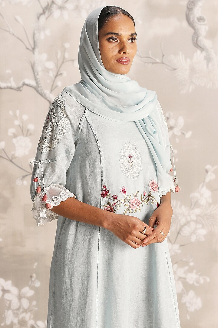 Ice Linen Blend & Silk Organza Hand Embroidered Cocktail Dress by Kaveri at Pernia's Pop Up Shop