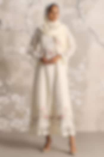 Off-White Linen Blend & Silk Organza Hand Embroidered Cocktail Dress by Kaveri at Pernia's Pop Up Shop