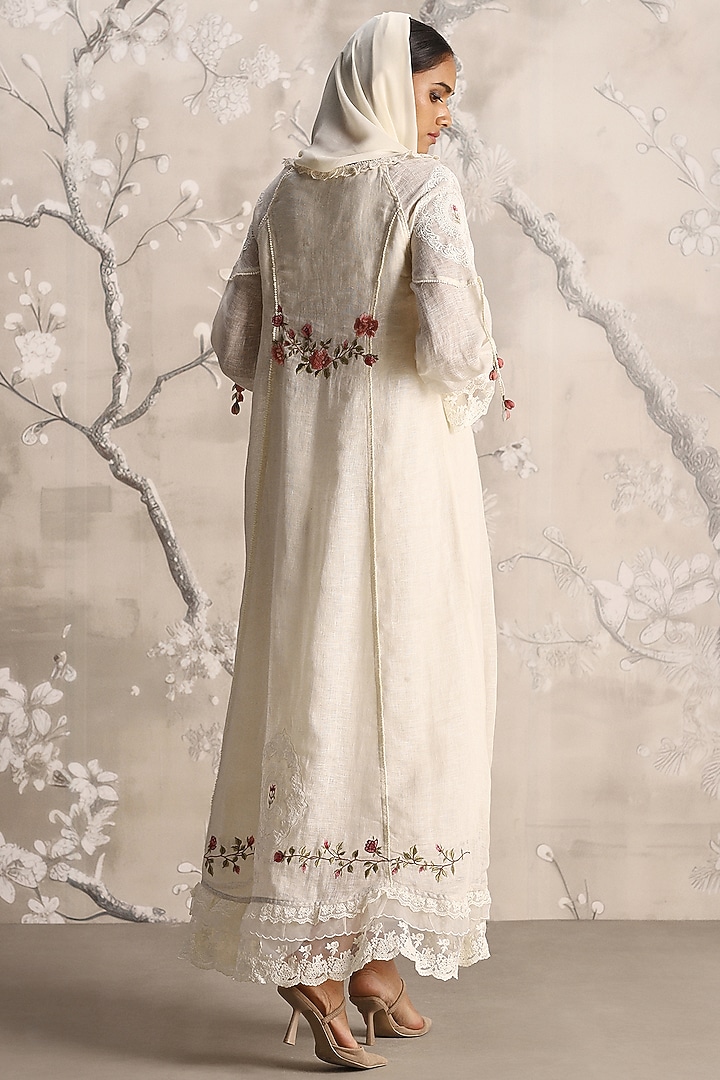Off-White Linen Blend & Silk Organza Hand Embroidered Cocktail Dress by Kaveri at Pernia's Pop Up Shop