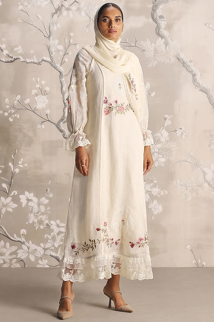 Off-White Linen Blend & Silk Organza Hand Embroidered Cocktail Dress by Kaveri at Pernia's Pop Up Shop