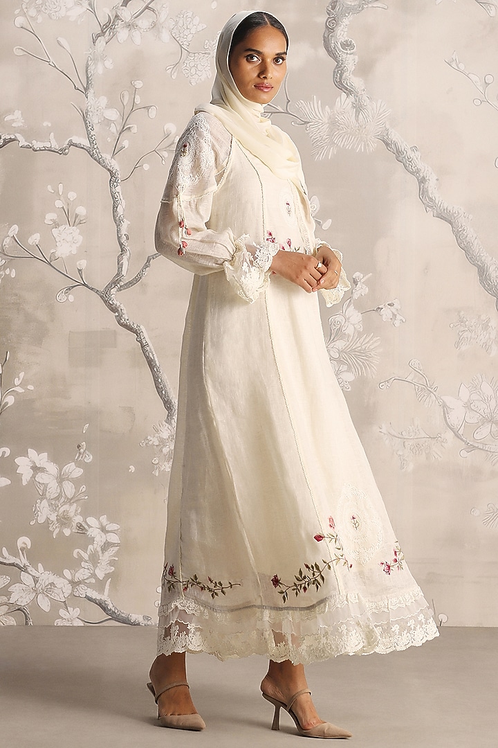 Off-White Linen Blend & Silk Organza Hand Embroidered Cocktail Dress by Kaveri at Pernia's Pop Up Shop