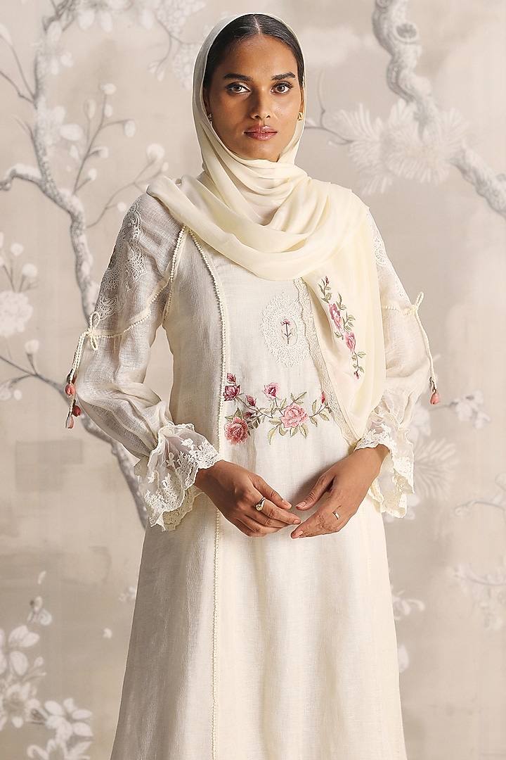 Off-White Linen Blend & Silk Organza Hand Embroidered Cocktail Dress by Kaveri at Pernia's Pop Up Shop
