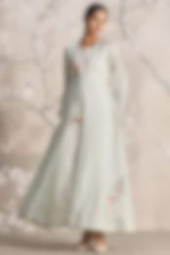 Light Green Linen Silk Thread Embroidered Abaya Jacket Cocktail Dress by Kaveri at Pernia's Pop Up Shop