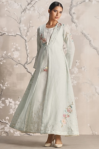 Light Green Linen Silk Thread Embroidered Abaya Jacket Dress by Kaveri