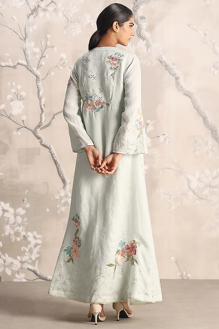 Light Green Linen Silk Thread Embroidered Abaya Jacket Cocktail Dress by Kaveri at Pernia's Pop Up Shop
