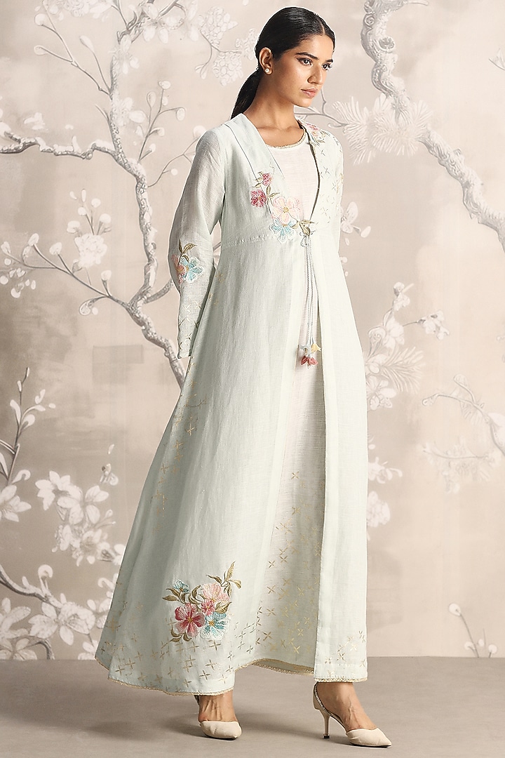 Light Green Linen Silk Thread Embroidered Abaya Jacket Cocktail Dress by Kaveri at Pernia's Pop Up Shop