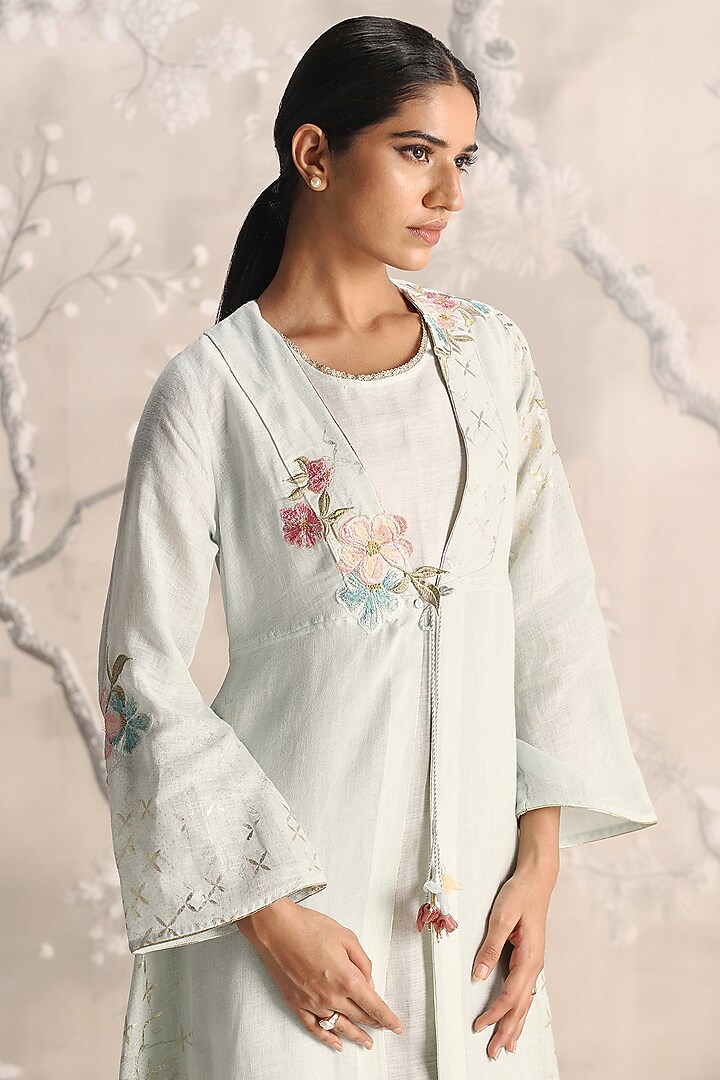 Light Green Linen Silk Thread Embroidered Abaya Jacket Cocktail Dress by Kaveri at Pernia's Pop Up Shop