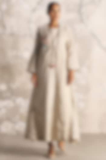 Natural Colored Linen Silk Thread Embroidered Abaya Jacket Cocktail Dress by Kaveri at Pernia's Pop Up Shop