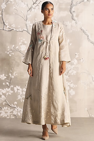 Natural Colored Linen Silk Thread Embroidered Abaya Jacket Dress by Kaveri