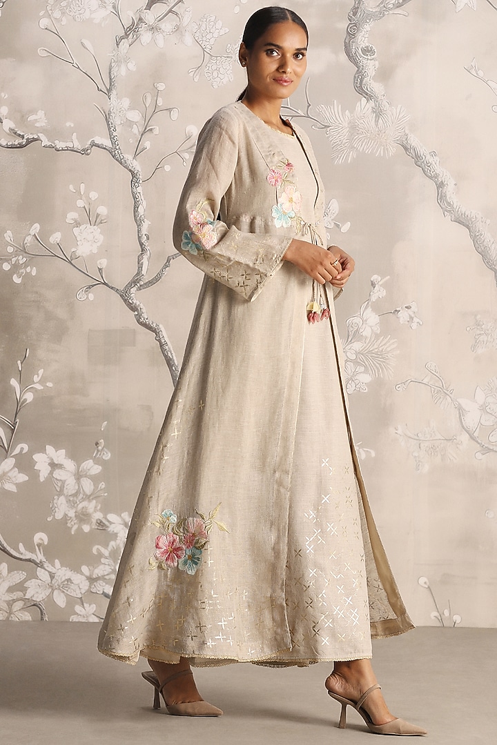 Natural Colored Linen Silk Thread Embroidered Abaya Jacket Cocktail Dress by Kaveri at Pernia's Pop Up Shop
