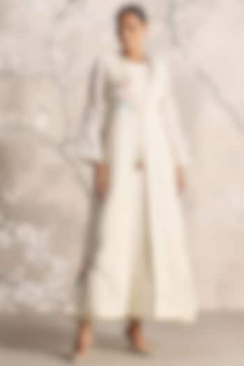 Off-White Colored Linen Silk Thread Embroidered Abaya Jacket Cocktail Dress by Kaveri at Pernia's Pop Up Shop