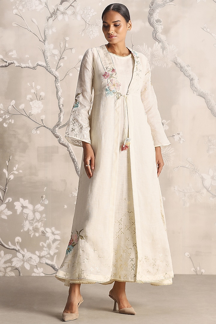 Off-White Colored Linen Silk Thread Embroidered Abaya Jacket Cocktail Dress by Kaveri at Pernia's Pop Up Shop