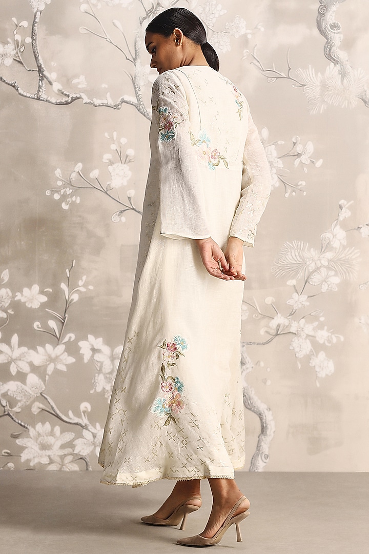 Off-White Colored Linen Silk Thread Embroidered Abaya Jacket Cocktail Dress by Kaveri at Pernia's Pop Up Shop