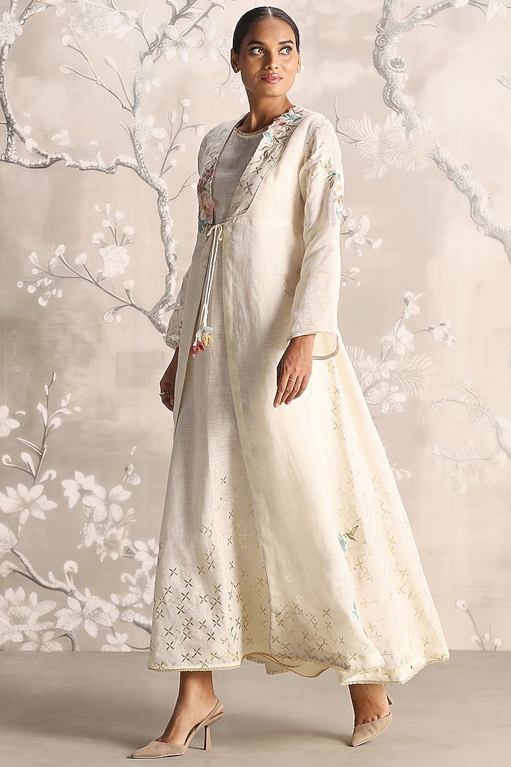 Off-White Colored Linen Silk Thread Embroidered Abaya Jacket Cocktail Dress by Kaveri at Pernia's Pop Up Shop