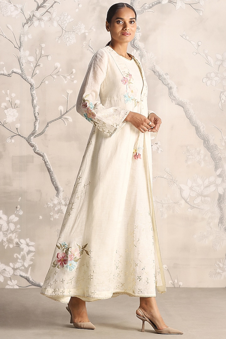 Off-White Colored Linen Silk Thread Embroidered Abaya Jacket Cocktail Dress by Kaveri at Pernia's Pop Up Shop