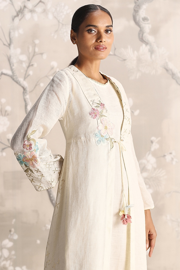 Off-White Colored Linen Silk Thread Embroidered Abaya Jacket Cocktail Dress by Kaveri at Pernia's Pop Up Shop
