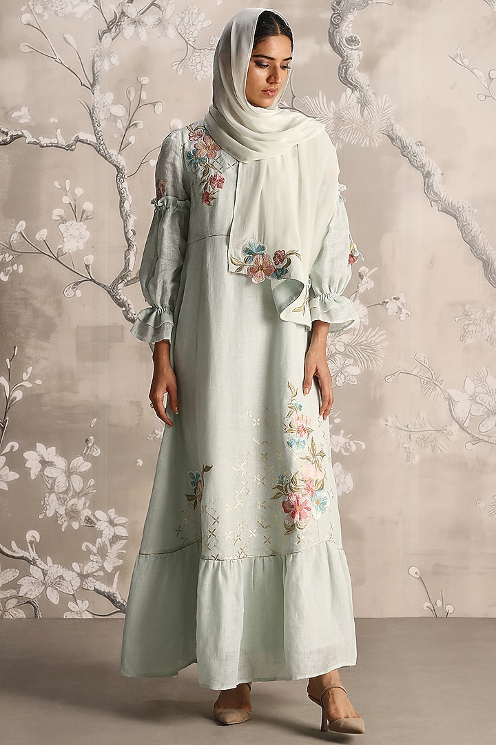 Light Green Linen Embroidered Vacation Dress by Kaveri at Pernia's Pop Up Shop