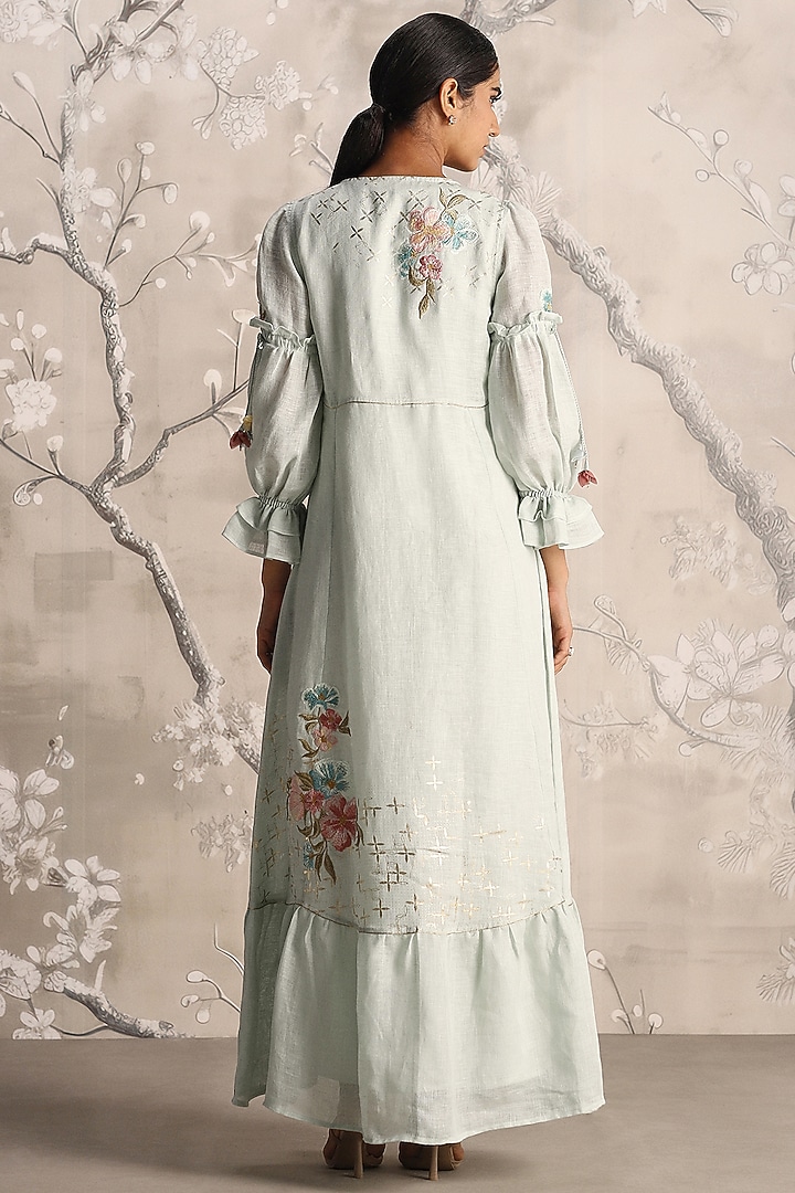 Light Green Linen Embroidered Vacation Dress by Kaveri at Pernia's Pop Up Shop