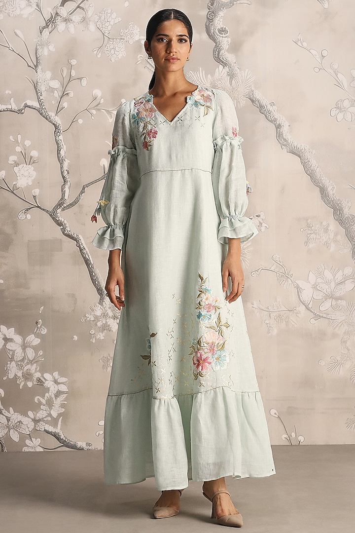 Light Green Linen Embroidered Vacation Dress by Kaveri at Pernia's Pop Up Shop