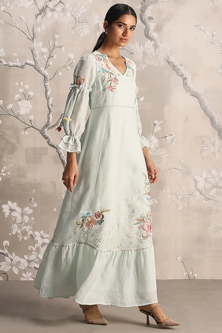 Light Green Linen Embroidered Vacation Dress by Kaveri at Pernia's Pop Up Shop