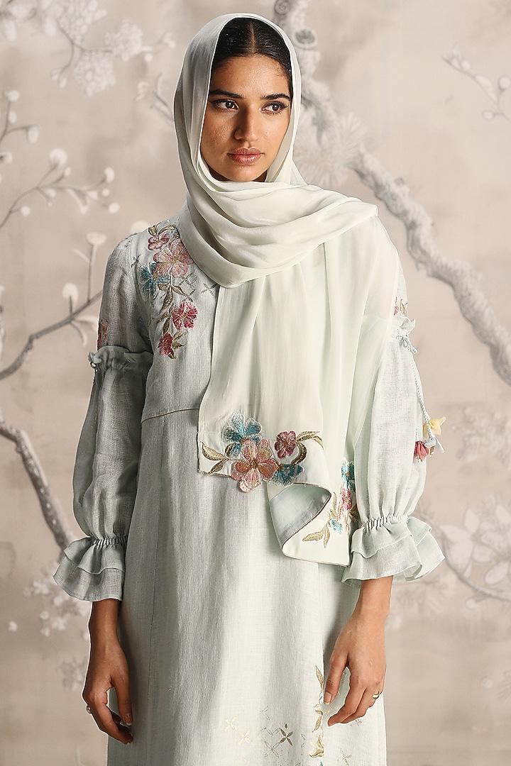 Light Green Linen Embroidered Vacation Dress by Kaveri at Pernia's Pop Up Shop
