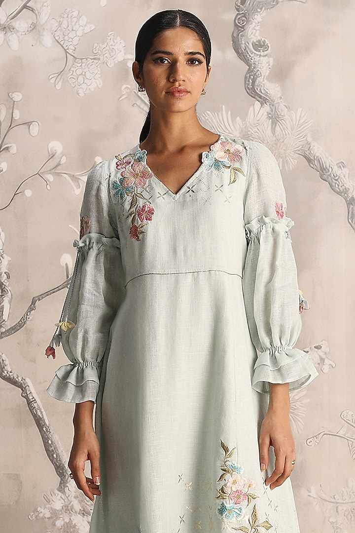 Light Green Linen Embroidered Vacation Dress by Kaveri at Pernia's Pop Up Shop