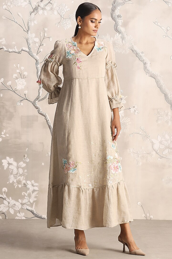Natural Colored Linen Embroidered Vacation Dress by Kaveri at Pernia's Pop Up Shop