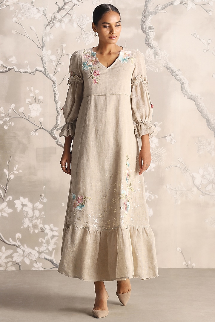 Natural Colored Linen Embroidered Vacation Dress by Kaveri at Pernia's Pop Up Shop