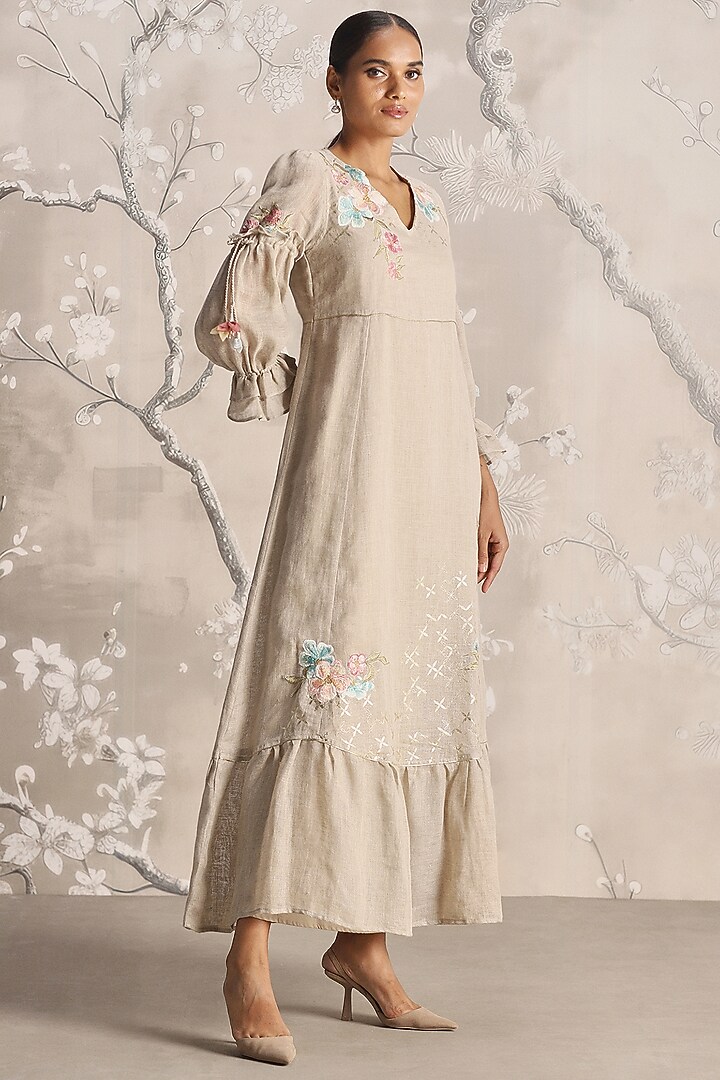 Natural Colored Linen Embroidered Vacation Dress by Kaveri at Pernia's Pop Up Shop
