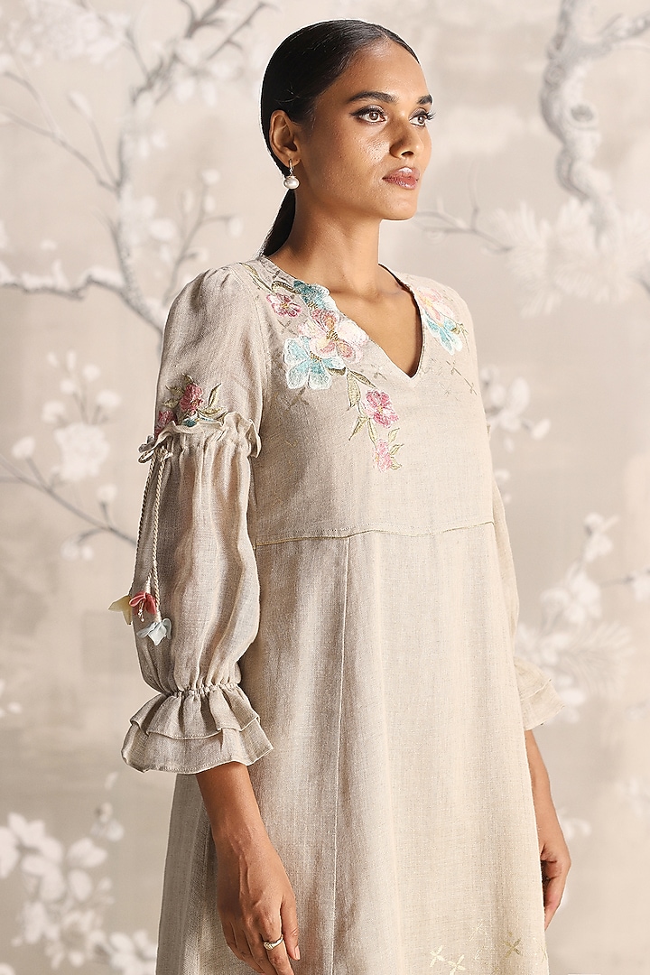 Natural Colored Linen Embroidered Vacation Dress by Kaveri at Pernia's Pop Up Shop