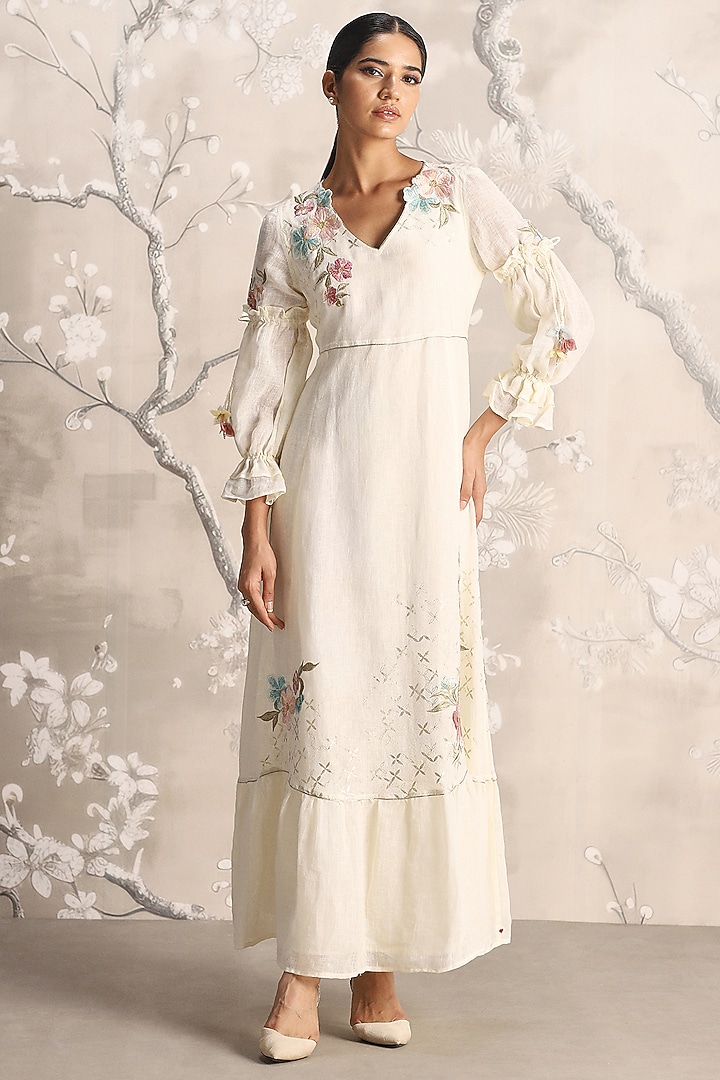 Off-White Linen Embroidered Vacation Dress by Kaveri at Pernia's Pop Up Shop