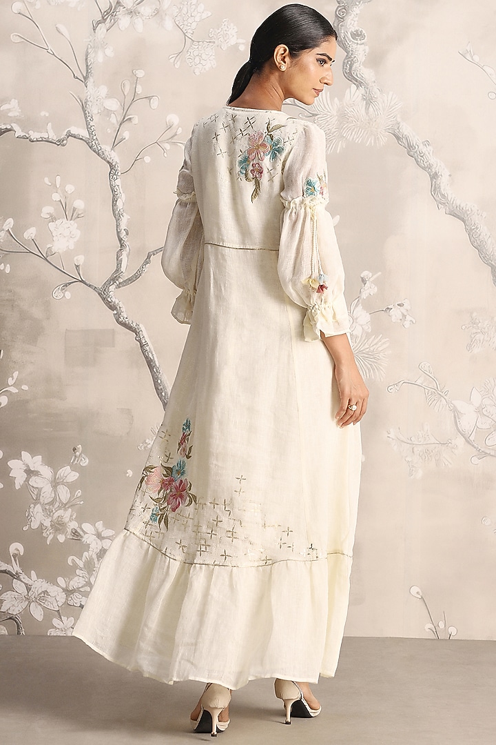 Off-White Linen Embroidered Vacation Dress by Kaveri at Pernia's Pop Up Shop