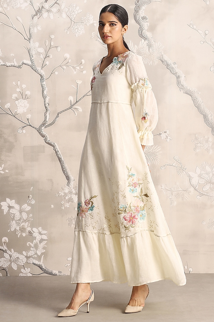Off-White Linen Embroidered Vacation Dress by Kaveri at Pernia's Pop Up Shop