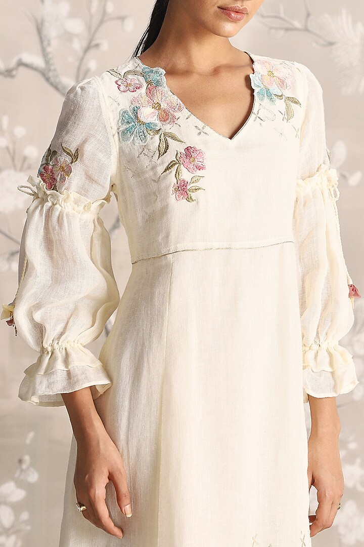 Off-White Linen Embroidered Vacation Dress by Kaveri at Pernia's Pop Up Shop