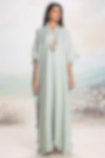 Cloud Colored Linen Floral Embroidered Kaftan by Kaveri at Pernia's Pop Up Shop