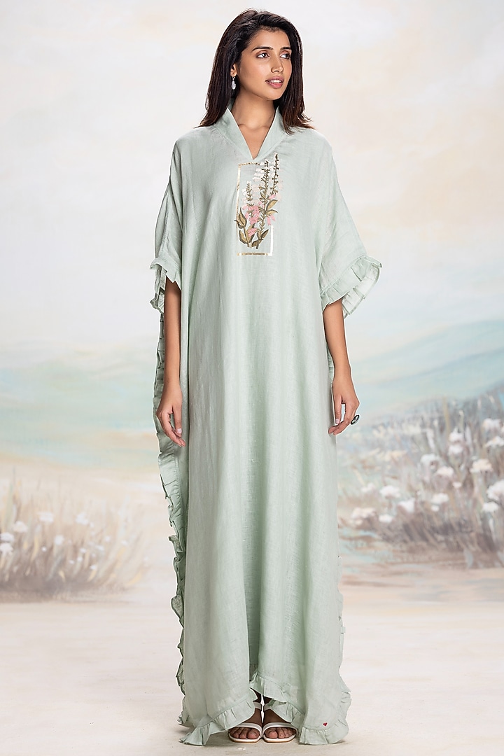 Cloud Colored Linen Floral Embroidered Kaftan by Kaveri at Pernia's Pop Up Shop
