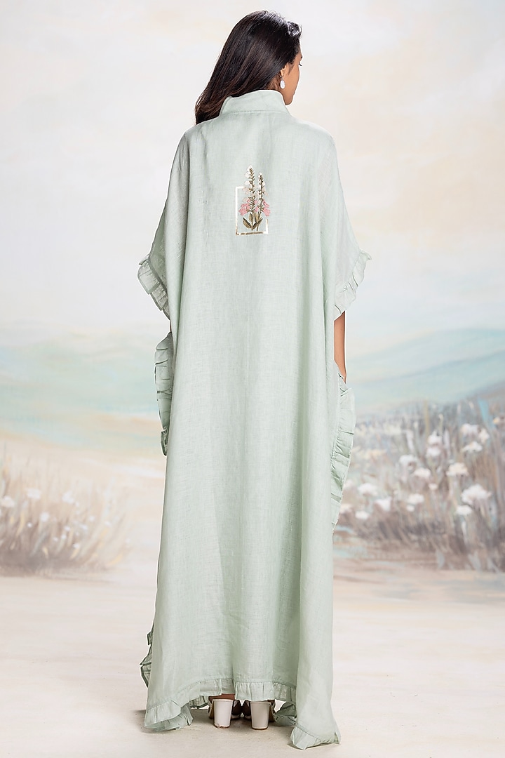 Cloud Colored Linen Floral Embroidered Kaftan by Kaveri at Pernia's Pop Up Shop
