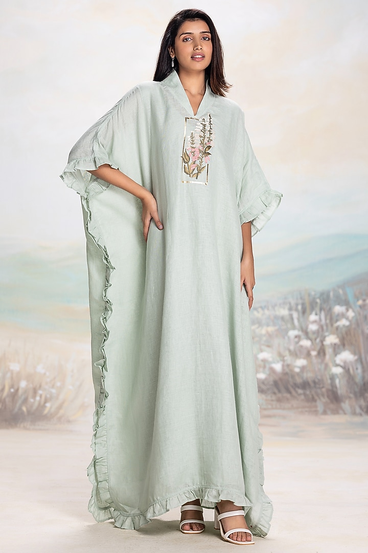 Cloud Colored Linen Floral Embroidered Kaftan by Kaveri at Pernia's Pop Up Shop