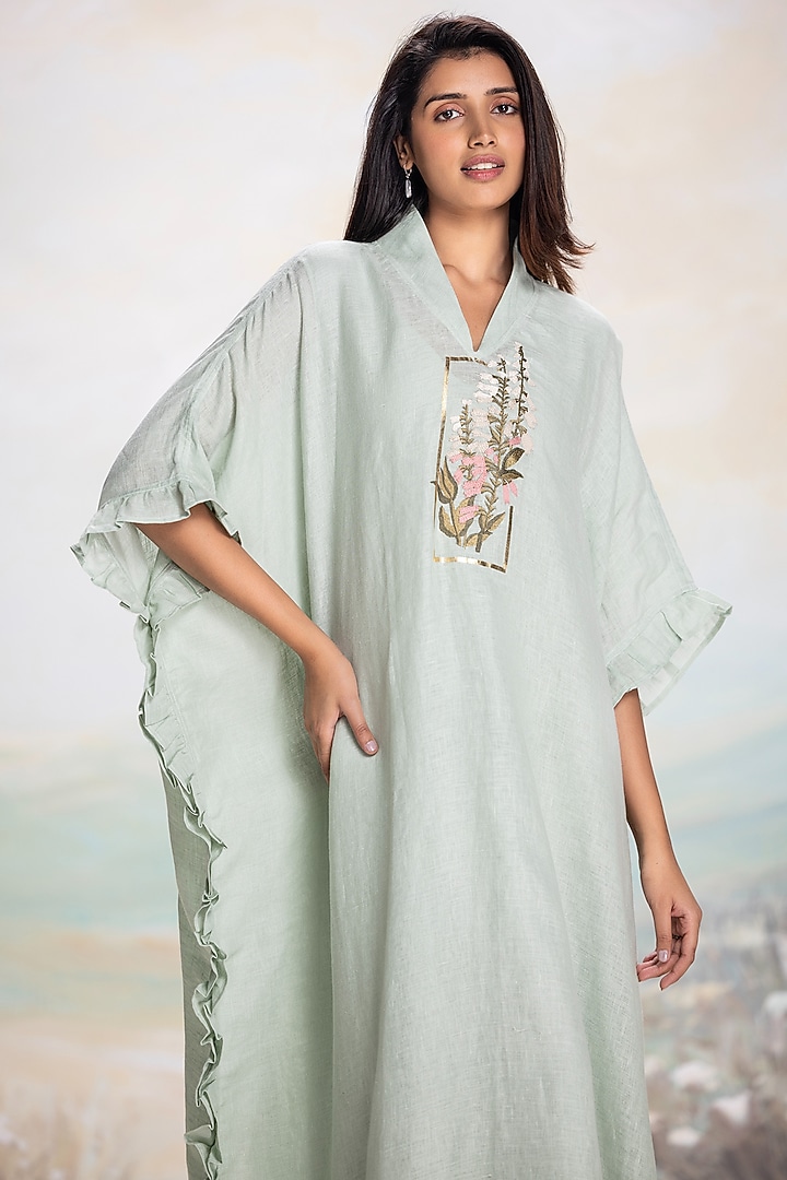 Cloud Colored Linen Floral Embroidered Kaftan by Kaveri at Pernia's Pop Up Shop