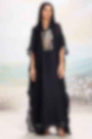 Black Linen Floral Embroidered Kaftan by Kaveri at Pernia's Pop Up Shop