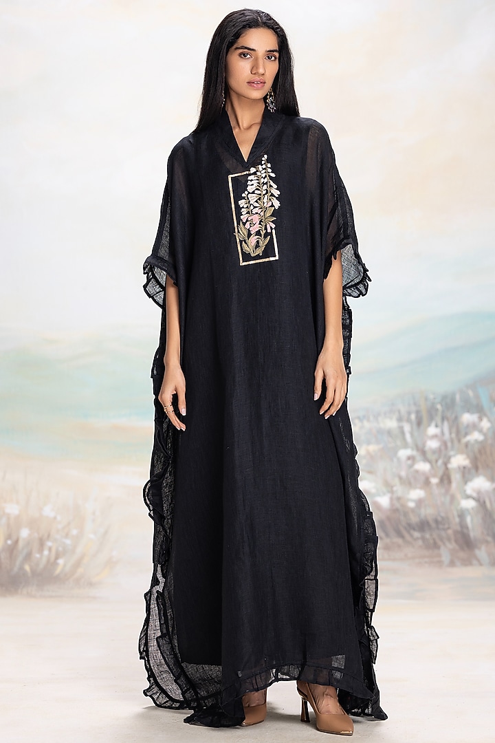 Black Linen Floral Embroidered Kaftan by Kaveri at Pernia's Pop Up Shop
