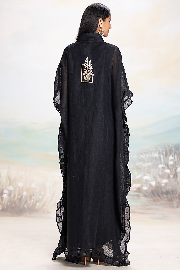 Black Linen Floral Embroidered Kaftan by Kaveri at Pernia's Pop Up Shop
